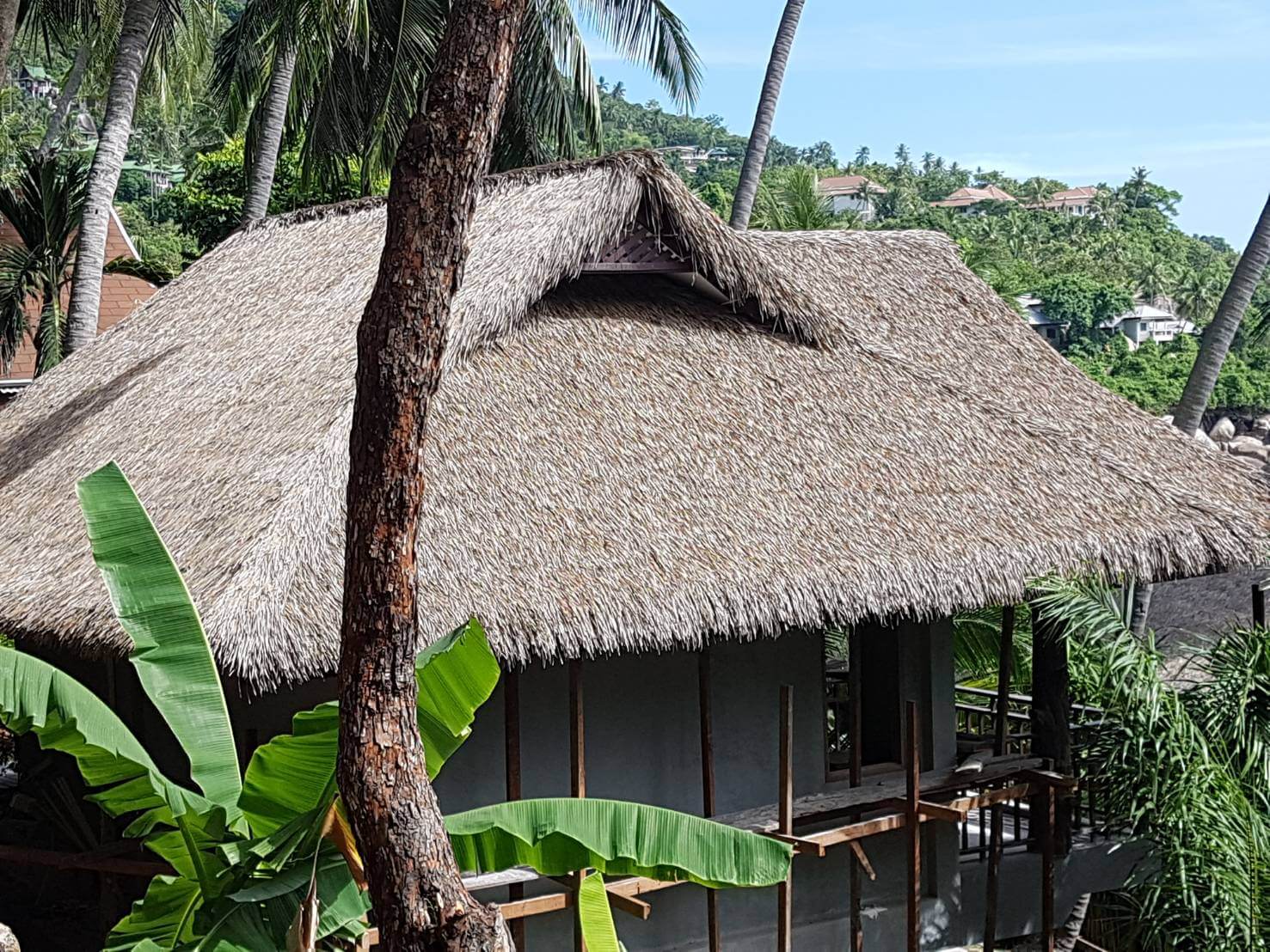 Toiture de palme synthétique Asian Reed de couleur naturel et grise - Boutique Palmex